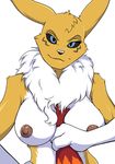  2016 alpha_channel ambiguous_gender anthro areola big_breasts black_sclera blue_eyes breast_fondling breasts canine digimon duo female female/ambiguous fondling fox fur hand_on_breast looking_at_viewer mammal markings nipples pink_nipples purple_markings renamon solo_focus tuft white_fur yawg yellow_fur 