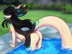  2016 anthro arm_support bent_over big_tail bikini black_body black_hair blue_eyes blue_markings blue_tongue breasts butt clothed clothing detailed_background digital_media_(artwork) dragon elapid elapid_(character) female fully_clothed grass green_markings grey_body hair horn humanoid_hands long_ears long_hair long_tail looking_at_viewer looking_back markings multicolored_body multicolored_tail orange_bottomwear orange_topwear outside partially_submerged photo_background pink_bottomwear pink_topwear pinup pose scalie side_view skimpy solo swimming_pool swimsuit tan_body tan_tail thong tongue tongue_out water western_dragon wet 