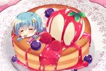  :&lt; :t =_= blue_hair blueberry blush chibi closed_eyes commentary eating food fruit hair_ornament ice_cream in_food low_twintails lying minigirl on_stomach original pancake raspberry solo sparkle star star_hair_ornament suzune_rena syrup twintails 