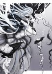  absurdly_long_hair abyssal_jellyfish_hime breasts dress highres horn jellyfish kantai_collection large_breasts long_hair monochrome pepii restrained shinkaisei-kan silver_eyes smile solo very_long_hair white_dress white_hair 