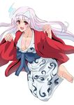  :d albino barefoot blush breasts cleavage collarbone commentary_request japanese_clothes kimono large_breasts long_hair long_sleeves looking_at_viewer namakemono_(u446644k) open_mouth pink_hair red_eyes sash simple_background smile solo triangular_headpiece white_background wide_sleeves yunohana_yuuna yuragisou_no_yuuna-san 