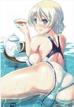  ass bangs blonde_hair blue_eyes braid breasts character_name competition_swimsuit crotch_seam cup darjeeling english girls_und_panzer highres holding holding_cup large_breasts light_smile looking_at_viewer looking_back lying nenchi on_stomach one-piece_swimsuit partially_submerged saucer scan short_hair shoulder_blades sideboob simple_background smile solo swimsuit tea teacup teapot tied_hair tray trefoil wading water wet white_background white_swimsuit 