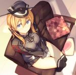  anchor_hair_ornament azumi_akitake black_legwear blonde_hair blue_eyes breasts cushion gloves hair_ornament hat highres iron_cross kantai_collection large_breasts long_hair long_sleeves looking_up microskirt military military_hat military_uniform peaked_cap prinz_eugen_(kantai_collection) skirt smile solo thighs twintails uniform v_arms white_gloves 