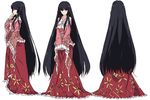 bangs black_hair blunt_bangs bow bowtie character_sheet collarbone commentary expressionless floral_print frilled_skirt frilled_sleeves frills from_behind from_side full_body hand_up hime_cut houraisan_kaguya karaori long_hair long_sleeves looking_at_viewer multiple_views own_hands_together princess print_skirt profile red_eyes red_skirt sidelocks simple_background skirt skirt_hold standing the_sealed_esoteric_history touhou turnaround very_long_hair white_background white_bow white_neckwear wide_sleeves 