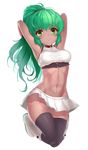  armpits arms_behind_back arms_up bangs bare_shoulders black_legwear black_panties boots breasts choker closed_mouth collarbone crop_top dark_skin ehart green_eyes green_hair groin hair_ornament hair_tie high_collar highres knee_boots long_hair looking_at_viewer medium_breasts microskirt midriff navel original panties pantyshot pleated_skirt ponytail shirt simple_background skin_tight skirt smile solo stomach taut_clothes taut_shirt thighhighs underwear white_background white_footwear white_panties white_skirt 