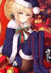  artoria_pendragon_(all) ass black_legwear black_santa_costume blonde_hair blue_gloves blush boots box braid capelet chair fate/grand_order fate/stay_night fate_(series) fur_trim gift gift_box gloves hakuishi_aoi hat knees_up long_sleeves looking_at_viewer pantyhose pom_pom_(clothes) ribbon santa_alter santa_costume santa_hat short_hair sidelocks sitting solo sword thigh_boots thighhighs weapon yellow_eyes 