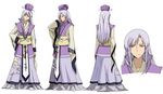  bangs character_sheet closed_mouth cloud_print collarbone commentary_request eyebrows eyebrows_visible_through_hair from_behind full_body hand_on_hip hand_up hat karaori long_hair long_sleeves looking_at_viewer multiple_views obi original prince_tsuku profile purple_eyes purple_hat sash shoes silver_hair simple_background sleeveless standing the_sealed_esoteric_history touhou turnaround white_background white_footwear 