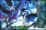  black_feathers blue_feathers blue_fur blue_hair claws detailed detailed_background detailed_feathers detailed_fur dragon duo feathered_dragon feathered_wings feathers feral forest fur furred_dragon hair isvoc night nude outside purple_feathers purple_fur traditional_media_(artwork) tree water white_fur wings 