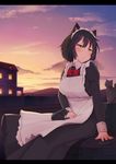  absurdres animal_ears apron arapi bangs black_dress black_hair blush bob_cut bow bowtie breasts cat cat_ears cat_on_lap cloud collared_shirt commentary dress frilled_apron frills frown highres house large_breasts letterboxed looking_away maid original outdoors red_bow red_neckwear shirt sitting sky solo sunset yellow_eyes 