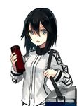  absurdres black_hair cooler flask hayasui_(kantai_collection) highres holding jacket kantai_collection looking_at_viewer natsuyuki open_mouth short_hair silver_eyes simple_background solo track_jacket upper_body white_background 