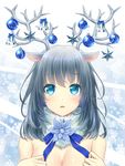  animal_ears antlers aqua_eyes bangs bare_shoulders bauble bell blue_bow blue_flower blue_ribbon blush bow breasts christmas christmas_ornaments cleavage commentary daidai_jamu eyebrows eyebrows_visible_through_hair flower grey_hair highres large_breasts long_hair looking_up md5_mismatch nude original parted_lips reindeer_antlers reindeer_ears ribbon shiny shiny_hair snowflake_background solo star tareme 