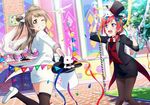  bird black_gloves black_legwear blush brown_eyes brown_hair bunny coattails confetti dove gloves hair_bun hat long_hair looking_at_viewer looking_back love_live! love_live!_school_idol_festival love_live!_school_idol_project magician minami_kotori multiple_girls nishikino_maki non-web_source official_art one_eye_closed open_mouth outdoors pantyhose pencil_skirt purple_eyes red_hair shoes short_hair skirt sleeves_rolled_up smile white_gloves 