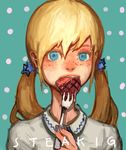  blonde_hair blue_background blue_eyes copyright_request engrish face food fork freckles long_hair looking_at_viewer nail_polish nose polka_dot polka_dot_background ranguage solo steak twintails upper_body weltol 