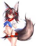  adapted_costume animal_ears black_hair black_panties blue_bow blue_neckwear bow bowtie closed_mouth collared_shirt crop_top ehart fox_ears fox_tail groin hand_up highleg highleg_panties horns kemonomimi_mode kijin_seija looking_at_viewer midriff multicolored_hair navel panties puffy_short_sleeves puffy_sleeves red_eyes red_hair shirt short_hair short_sleeves simple_background skirt solo standing streaked_hair string_panties string_pull tail thong touhou underwear white_background white_hair white_shirt 