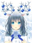  animal_ears antlers aqua_eyes bangs bauble bell blue_bow blue_flower blue_ribbon blush bow christmas christmas_ornaments commentary daidai_jamu eyebrows eyebrows_visible_through_hair flower grey_hair highres long_hair looking_up md5_mismatch original parted_lips reindeer_antlers reindeer_ears ribbon shiny shiny_hair snowflake_background solo star tareme 