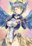  ahoge bare_shoulders bodysuit breasts excessive_pubic_hair gauntlets grey_hair heart heart_hands large_breasts navi_(p&amp;d) nipples one_eye_closed pubic_hair puzzle_&amp;_dragons short_hair solo wings yellow_eyes yohane 
