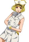  anime_coloring armpits bangs bare_shoulders bleach bleach:_the_thousand-year_blood_war blonde_hair blood blood_on_face blunt_bangs bob_cut commentary_request dress gloves hat liltotto_lamperd looking_at_viewer military military_uniform namakemono_(u446644k) open_mouth red_eyes shirt short_dress short_hair simple_background sleeveless sleeveless_dress solo uniform wandenreich white_background white_dress white_gloves 