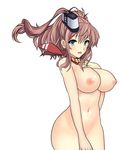  absurdres blue_eyes breasts brown_hair hair_ornament highres kantai_collection large_breasts lily_sia long_hair neckerchief nipples nude open_mouth red_neckwear saratoga_(kantai_collection) simple_background solo 