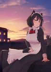  absurdres animal_ears apron arapi bangs black_dress black_hair blush bob_cut bow bowtie breasts cat cat_ears cat_on_lap cloud collared_shirt commentary dress frilled_apron frills frown highres house large_breasts looking_away maid original outdoors red_bow red_neckwear shirt sitting sky solo sunset yellow_eyes 