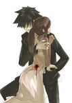  1girl black_hair blood bloody_clothes brown_hair crying crying_with_eyes_open dress emiya_kiritsugu fate/zero fate_(series) highres holding holding_knife hug kauto knife long_hair ponytail shirley_(fate/zero) short_hair simple_background sketch spiked_hair stabbing tears white_background white_dress 