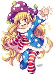  2016 :d adapted_costume american_flag_dress american_flag_legwear bangs blonde_hair blush clownpiece cropped_legs dated duplicate eyebrows eyebrows_visible_through_hair fur_trim hat iroyopon jester_cap long_hair long_sleeves looking_at_viewer open_mouth outstretched_arm pantyhose polka_dot red_eyes round_teeth simple_background smile solo star star_print striped teeth thick_eyebrows touhou very_long_hair wavy_hair white_background winter_clothes 