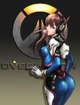  absurdres ass bangs bodysuit boots bracer breasts brown_eyes brown_hair bubble_blowing chewing_gum copyright_name covered_nipples cowboy_shot d.va_(overwatch) emblem eyelashes eyeliner facepaint facial_mark from_behind gloves hand_up headphones highres kie_(wylee2212) legs_together logo long_hair long_sleeves looking_at_viewer looking_back makeup medium_breasts open_mouth overwatch pauldrons pilot_suit ribbed_bodysuit shoulder_pads skin_tight solo standing teeth thigh_boots thighhighs turtleneck whisker_markings white_footwear white_gloves 