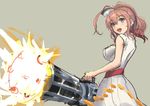  ascot belt breast_pocket brown_hair check_commentary commentary_request dress firing gatling_gun grey_eyes gun haruto_(harut_n) kantai_collection long_hair meme neckerchief open_mouth parody pocket red_neckwear saratoga_(kantai_collection) shell_casing side_ponytail sidelocks sketch solo weapon white_dress 