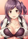  ahoge blouse blush bow bow_bra bra breast_squeeze breasts brown_eyes cleavage collarbone eyebrows eyebrows_visible_through_hair gloves hagikaze_(kantai_collection) highres kamelie kantai_collection large_breasts long_hair looking_at_viewer one_side_up open_mouth purple_bra purple_hair red_eyes school_uniform self_fondle smile solo sweat underwear upper_body white_blouse white_gloves 
