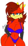  2016 akatsukishiranui-fox anthro armwear big_breasts blue_eyes bra breasts canine cleavage clothed clothing female fiona_fox fox fur hair half-closed_eyes hi_res mammal panties red_fur red_hair simple_background solo sonic_(series) underwear white_background 