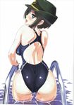  ass black_eyes black_hair character_name chouno_ami competition_swimsuit cowboy_shot english female_service_cap girls_und_panzer green_hat hat highres looking_at_viewer looking_back military_hat nenchi one-piece_swimsuit open_mouth pool scan short_hair smile solo standing swimsuit wading white_background 