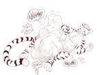  2016 abdominal_bulge ambiguous_gender ambiguous_species belly big_belly claws cownugget dialogue digestion english_text eyes_closed feline fur group hyper hyper_belly male mammal monochrome signature smile solo_focus speech_bubble stripes teeth text tiger toe_claws vore 