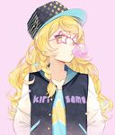  arms_at_sides bangs blush braid bubble_blowing casual character_name chewing_gum clothes_writing collarbone contemporary ekita_xuan eyelashes flat_chest glasses hair_tie hat jacket kirisame_marisa letterman_jacket long_hair looking_at_viewer one_eye_closed open_clothes open_jacket pink-framed_eyewear pink_background shirt side_braid simple_background single_braid solo star star-shaped_eyewear star_print swept_bangs t-shirt touhou upper_body 