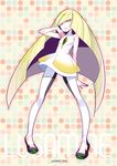  bangs bare_arms blonde_hair blunt_bangs character_name dress empty_eyes full_body gem green_eyes leggings long_hair lusamine_(pokemon) multicolored multicolored_clothes multicolored_legwear nishimura_eri open_mouth open_toe_shoes pokemon pokemon_(game) pokemon_sm shoes sleeveless sleeveless_dress smile solo standing twitter_username two-tone_legwear very_long_hair white_dress 