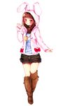  animal_ears animal_hood bangs boots brown_eyes brown_footwear brown_hair bunny_ears bunny_hood closed_mouth d.va_(overwatch) emphasis-lest eyebrows eyebrows_visible_through_hair facepaint facial_mark frilled_skirt frills full_body hand_up hood hood_up hoodie jewelry knee_boots legs_together long_sleeves necklace open_clothes open_hoodie overwatch pink_lips shirt skirt solo transparent_background whisker_markings 
