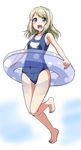 :d ayase_arisa barefoot blonde_hair blue_eyes covered_nipples eyebrows eyebrows_visible_through_hair full_body hair_ornament hairclip highres innertube looking_at_viewer love_live! love_live!_school_idol_project name_tag navel old_school_swimsuit one-piece_swimsuit open_mouth school_swimsuit short_hair smile solo standing standing_on_one_leg swimsuit tight yopparai_oni 