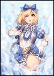  ;o absurdres alternate_costume bangs black_border blonde_hair blue_background blue_bow border bow djeeta_(granblue_fantasy) eyebrows eyebrows_visible_through_hair gloves granblue_fantasy hair_bow heart highres holding holding_microphone kimi_to_boku_no_mirai knee_up looking_up microphone one_eye_closed open_mouth ribbon short_hair short_sleeves skirt solo teeth thighs white_gloves yellow_eyes yin-ting_tian 