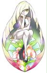 bangs bare_arms blonde_hair blunt_bangs dress empty_eyes emussan flower gem green_eyes hair_over_one_eye knees_together_feet_apart leaf leggings long_hair looking_at_viewer lusamine_(pokemon) one_eye_closed open_toe_shoes pokemon pokemon_(game) pokemon_sm shoes short_dress simple_background sitting solo very_long_hair white_background 