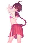  :o ahoge blush bra braid breasts brown_eyes brown_hair fiodo from_behind hair_ribbon highres kneepits long_hair looking_at_viewer looking_back midriff pleated_skirt red_skirt ribbon ribbon_braid sailor_collar shiny shiny_skin shirt_lift single_braid skirt small_breasts solo transparent_background underwear undressing very_long_hair vocaloid vocanese yuezheng_ling 