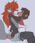  age_difference ape big_lips black_lips blush canine cub cuddling drooling ear_piercing female hug kissing lips male mammal on_lap piercing primate saliva shaking sitting_on_lap size_difference slobber smaller_male trembling ungulatr wolf young younger_male 