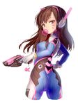  acronym ass bangs bodysuit boots bracer breasts brown_eyes brown_hair bubble_blowing character_name charm_(object) chewing_gum cowboy_shot cropped_legs d.va_(overwatch) ehart facepaint facial_mark finger_on_trigger from_behind gloves gun hand_up handgun headphones highres holding holding_gun holding_weapon legs_apart long_hair long_sleeves looking_back overwatch pauldrons pilot_suit ribbed_bodysuit shoulder_pads simple_background skin_tight small_breasts solo standing thigh_boots thigh_strap thighhighs turtleneck twisted_torso weapon whisker_markings white_background white_footwear white_gloves 