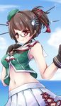  alternate_hairstyle beret black_gloves black_hair choker choukai_(kantai_collection) commentary glasses gloves hat kantai_collection kimi_no_na_wa midriff ponytail red_eyes remodel_(kantai_collection) shokuane solo 