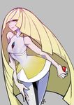  absurdres bare_arms blonde_hair closed_mouth collarbone dress gem green_eyes grey_background haimerejzero highres holding holding_poke_ball impossible_clothes leggings lips long_hair lusamine_(pokemon) multicolored multicolored_clothes multicolored_hair multicolored_legwear no_pupils poke_ball pokemon pokemon_(game) pokemon_sm purple_hair short_dress simple_background smile solo streaked_hair two-tone_legwear very_long_hair white_dress 