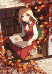  animal autumn autumn_leaves bangs black_ribbon blonde_hair blue_eyes blurry blush book bookshelf breasts brick_wall chair cushion depth_of_field dress dutch_angle eyebrows eyebrows_visible_through_hair eyelashes falling_leaves from_outside highres holding holding_book kamon_(shinshin) lace_trim leaf letter long_hair long_sleeves looking_at_viewer maple_leaf original parted_lips pillow red_dress ribbon shirt signature sitting small_breasts surprised tree_shade white_shirt window 
