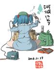  bag blue_hair blue_shirt blue_skirt brown_gloves character_name collar cucumber dated eighth_note frilled_collar frills from_behind gloves green_hat hair_bobbles hair_ornament hat inuno_rakugaki kawashiro_nitori machinery musical_note pocket shirt sitting skirt solo toolbox touhou translated two_side_up white_background wire wrench 