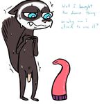  2016 anthro cute_fangs dialogue dildo disney english_text fan_character inkyfrog male mammal mustelid nude penis percy_vison polecat sex_toy simple_background solo standing sweat teal_eyes text white_background zootopia 