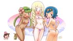  10s 4girls :d ;d ass bare_shoulders bikini blonde_hair blue_eyes blue_hair blush breasts cameltoe cowboy_shot embarrassed female_protagonist_(pokemon_sm) hair_flower hairband hat lillie_(pokemon) long_hair long_twintails looking_at_viewer looking_back mao_(pokemon) micro_bikini midriff multiple_girls navel nintendo one_eye_closed open_mouth orange_eyes orange_hair pokemon pokemon_(game) pokemon_sm robojanai short_hair side-tie_bikini small_breasts standing suiren_(pokemon) swimsuit thigh_gap twintails wink 