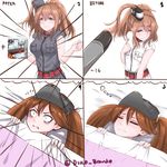  4koma anchor bags_under_eyes before_and_after belt black_dress breast_envy breast_pocket brown_hair card comic constricted_pupils disco_brando dreaming dress flat_chest grey_eyes highres kantai_collection long_hair missile multiple_girls neckerchief number pocket red_neckwear remodel_(kantai_collection) ryuujou_(kantai_collection) saratoga_(kantai_collection) sleeping smokestack surprised traumatized twitter_username visor_cap waking_up white_dress wide-eyed 
