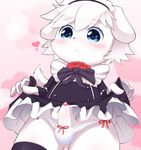  &lt;3 anthro blue_eyes blush bow_tie canine clothed clothing clothing_lift collar cub cute dog dress dress_lift erection fur legwear looking_at_viewer maid_uniform male mammal panashe panties penis precum simple_background solo stockings summon_night uncensored uncut underwear uniform white_fur young とろろうどん 
