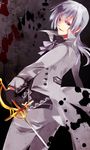  1boy black_gloves blue_eyes charles_grey gloves hoe_satsuki kuroshitsuji male_focus open_mouth silver_hair solo splatter sword 