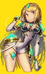  1girl armor bangs blonde_hair breasts chanmura cleavage cleavage_cutout covered_navel earrings gem gloves headpiece highres hikari_(xenoblade_2) jewelry large_breasts long_hair looking_at_viewer nintendo simple_background solo swept_bangs thigh_strap tiara xenoblade_(series) xenoblade_2 yellow_eyes 